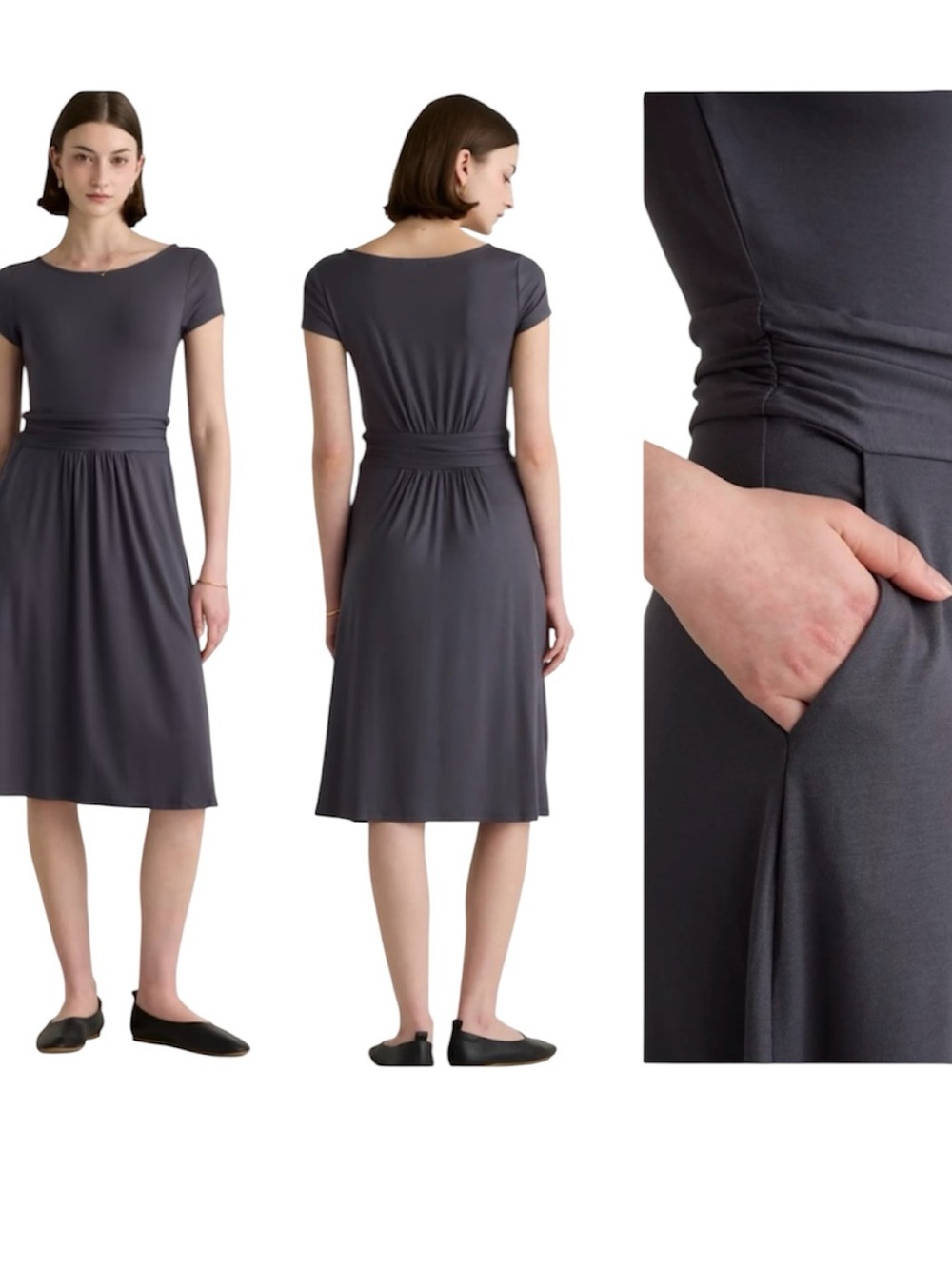 Quince Tencel Jersey Navy Blue Ruched Waist Dress SZ M